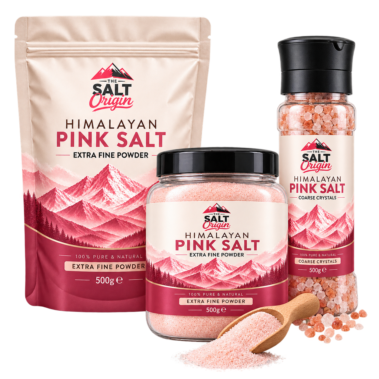 Edible Himalayan pink salt product family